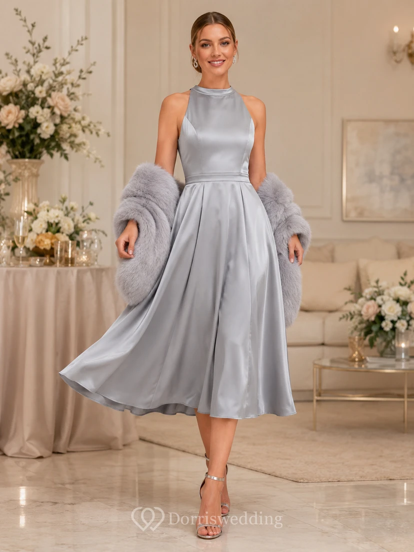 Silver High Neck Faux Fur Satin A Line Midi Guest Dress