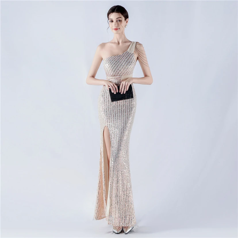 Heavy Beaded One-Shoulder Oblique Collar High Fork Sequin Dinner Dress view 24