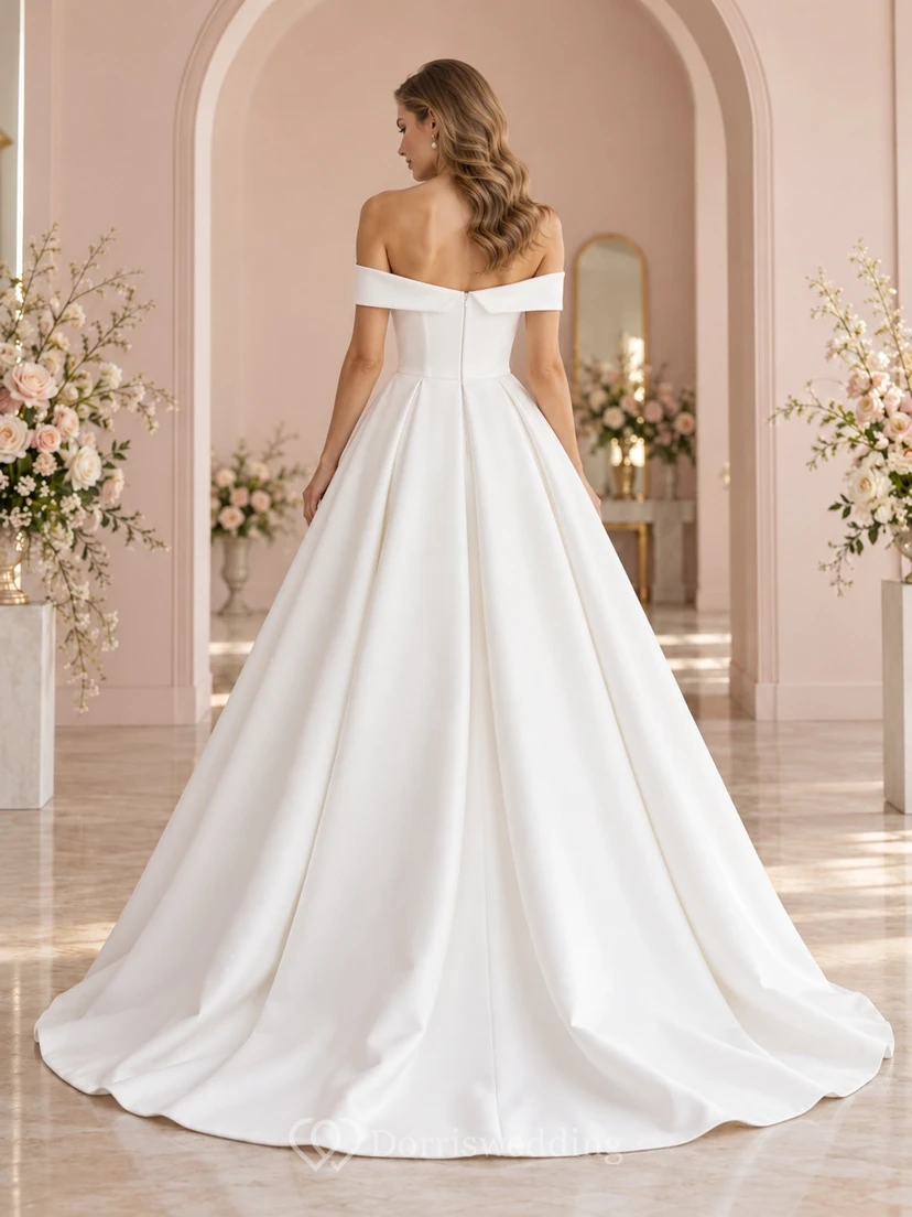 Simple Off Shoulder Folded Satin A-Line Bridal Wedding Dress view 2