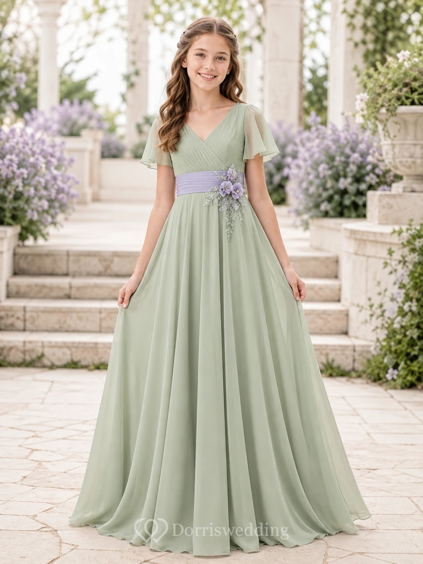 Celadonfarbenes Brautjungfernkleid für junge Damen, A-Linie, V-Ausschnitt, kurze Blütenblattärmel, Blumenschärpe/Band, elegant
