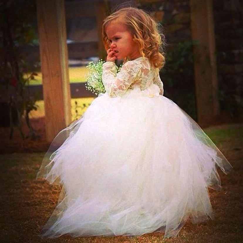 Newest Long Sleeve Tulle Flower Girl Dress With Lace