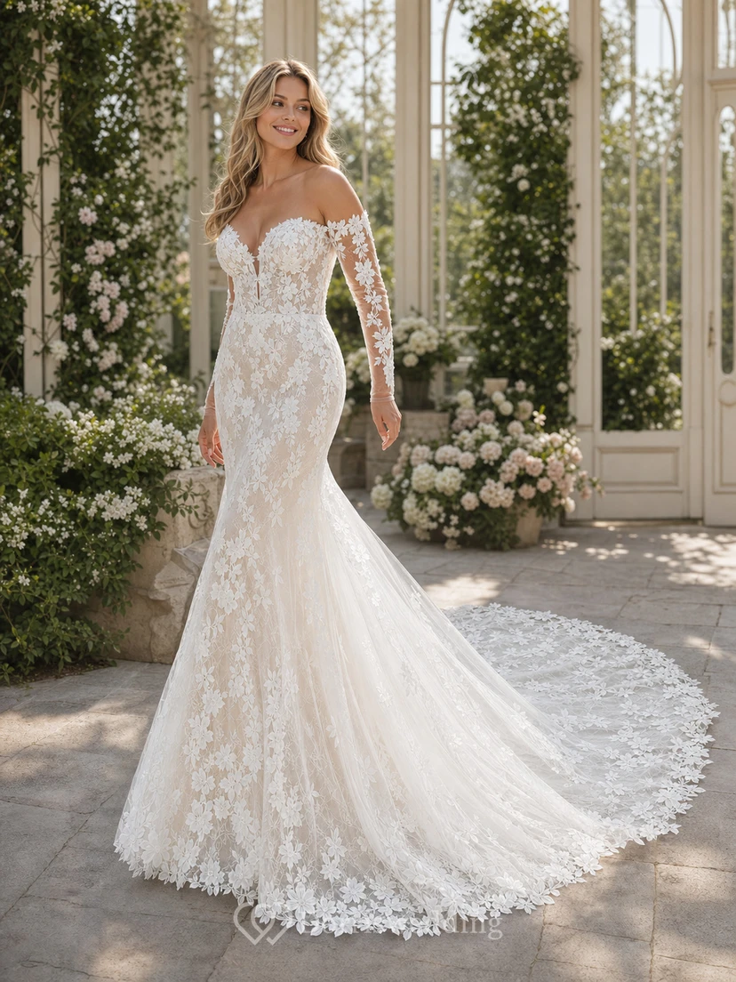Vestido de novia elegante de encaje estilo sirena con mangas largas, escote de hombros descubiertos y efecto ilusión. view 5