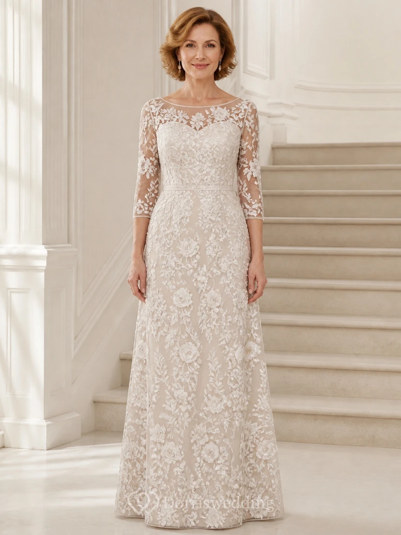 Scalloped Modest Older Brides Lace A-Line Floor-length Bateau Three-Quarter Sleeve Mother Dress