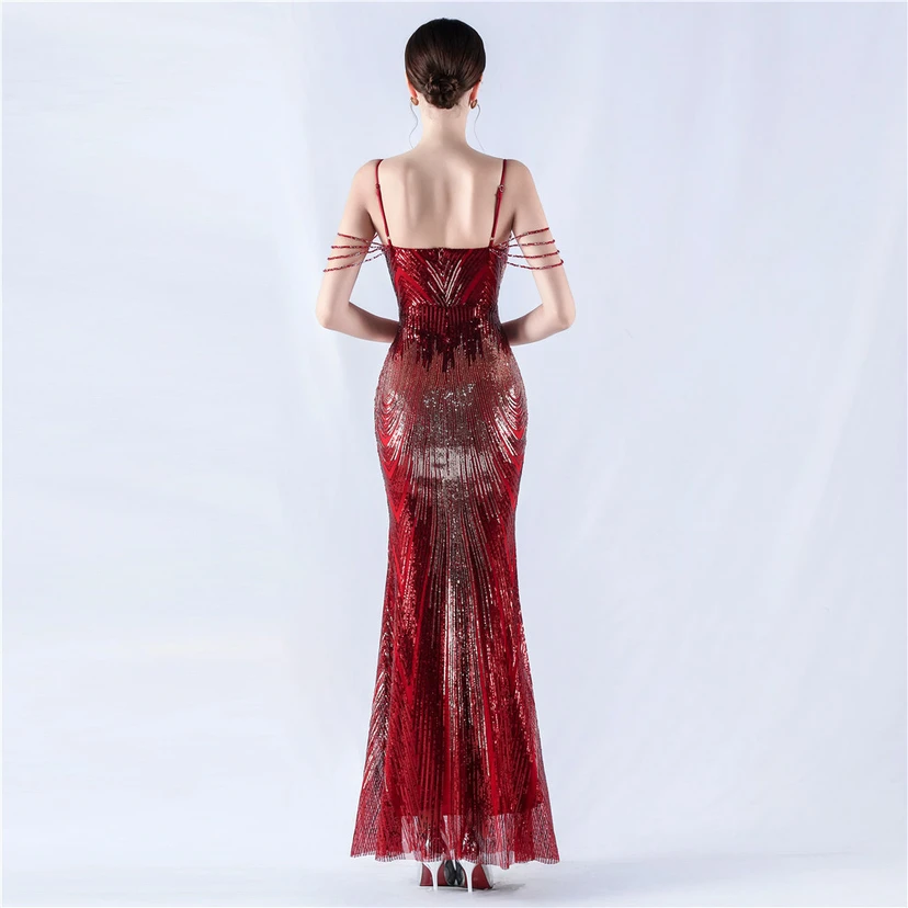 Robe de soirée à bretelles ornée de sequins et de perles, avec motif floral et perles. view 51