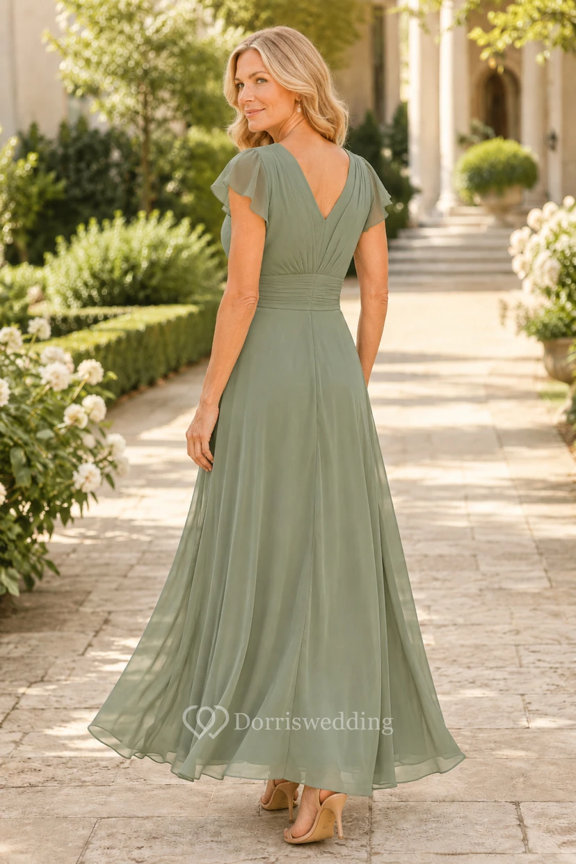 MOB-Kleid, salbeigrüner Chiffon, A-Linie, kurze Ärmel, V-Ausschnitt, bodenlang, plissiert view 2