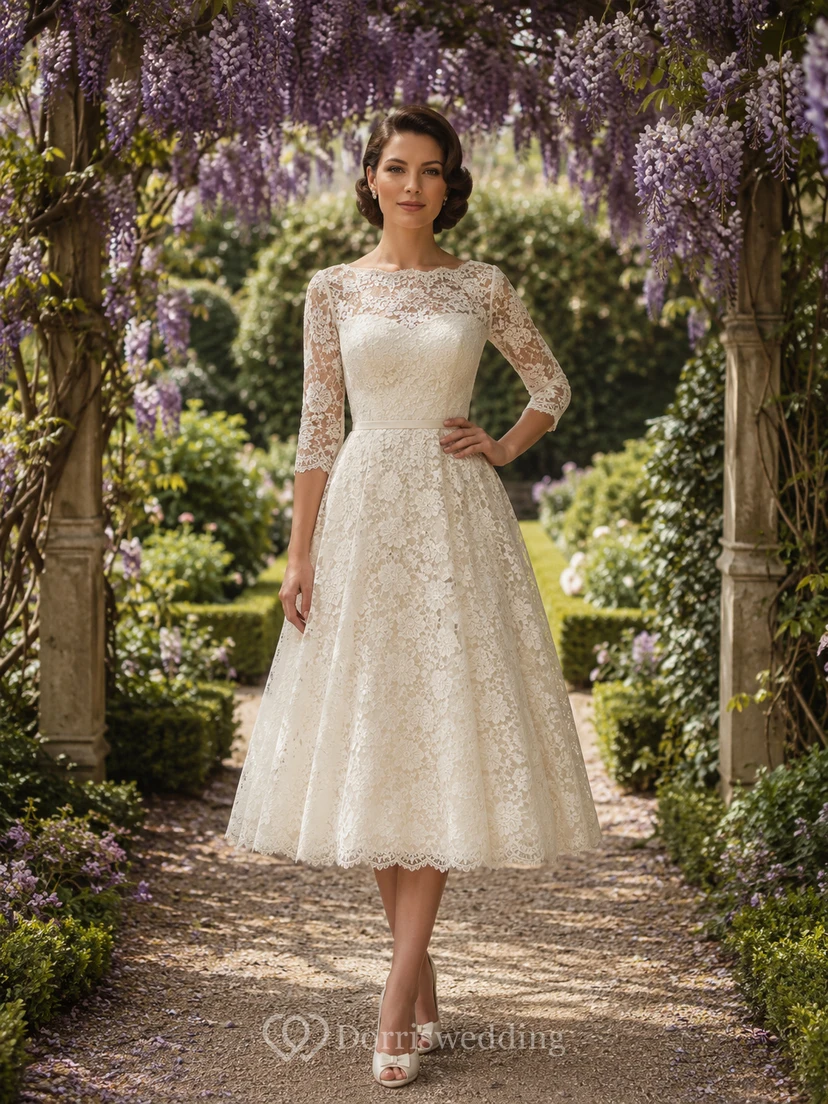 Robe de mariée vintage des années 1950, manches en dentelle, longueur thé