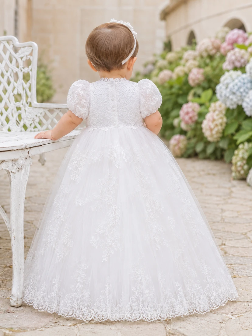 Puff Sleeve Christening Gown A-Line Lace Tulle High Neck Full Skirt view 2