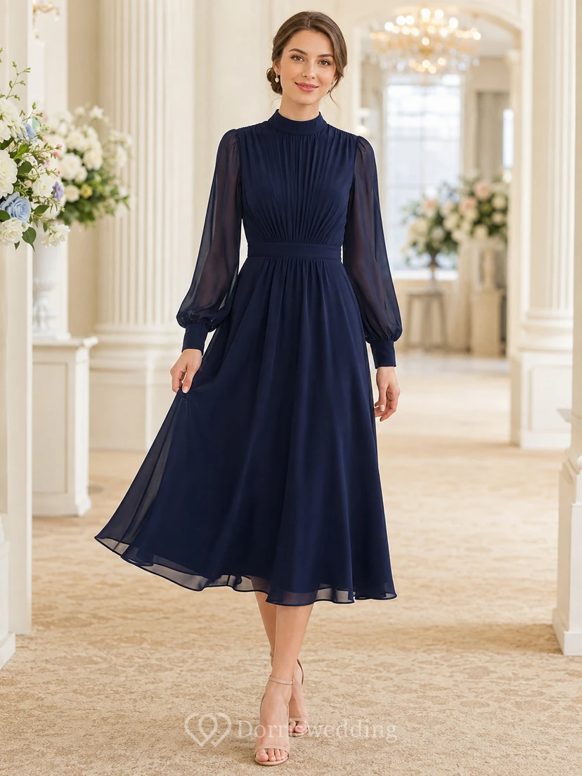Robe de thé bleu marine en mousseline à col montant et manches transparentes, coupe trapèze