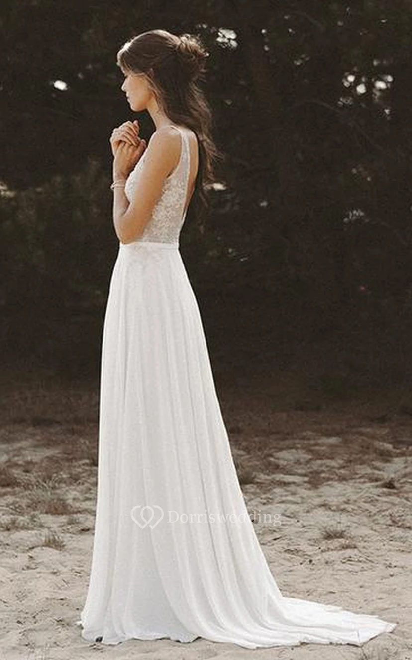 Chiffon-Spitzen-Brautkleid mit Schleppe, ärmellos, A-Linie, im Boho-Stil mit Perlenstickerei view 3