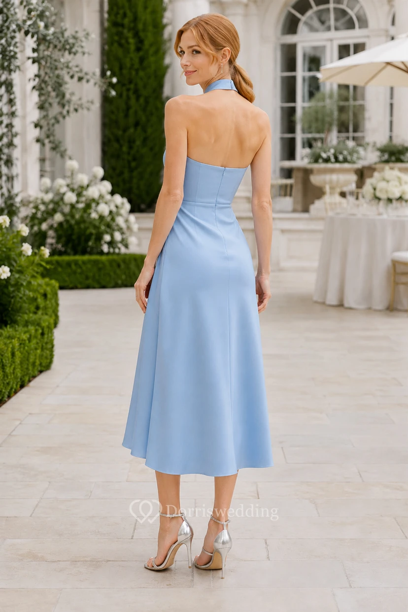 Robe de demoiselle d'honneur bleu ciel en satin, coupe trapèze, longueur thé, dos nu, idéale pour les demoiselles d'honneur, les invitées de mariage et les soirées formelles. view 2