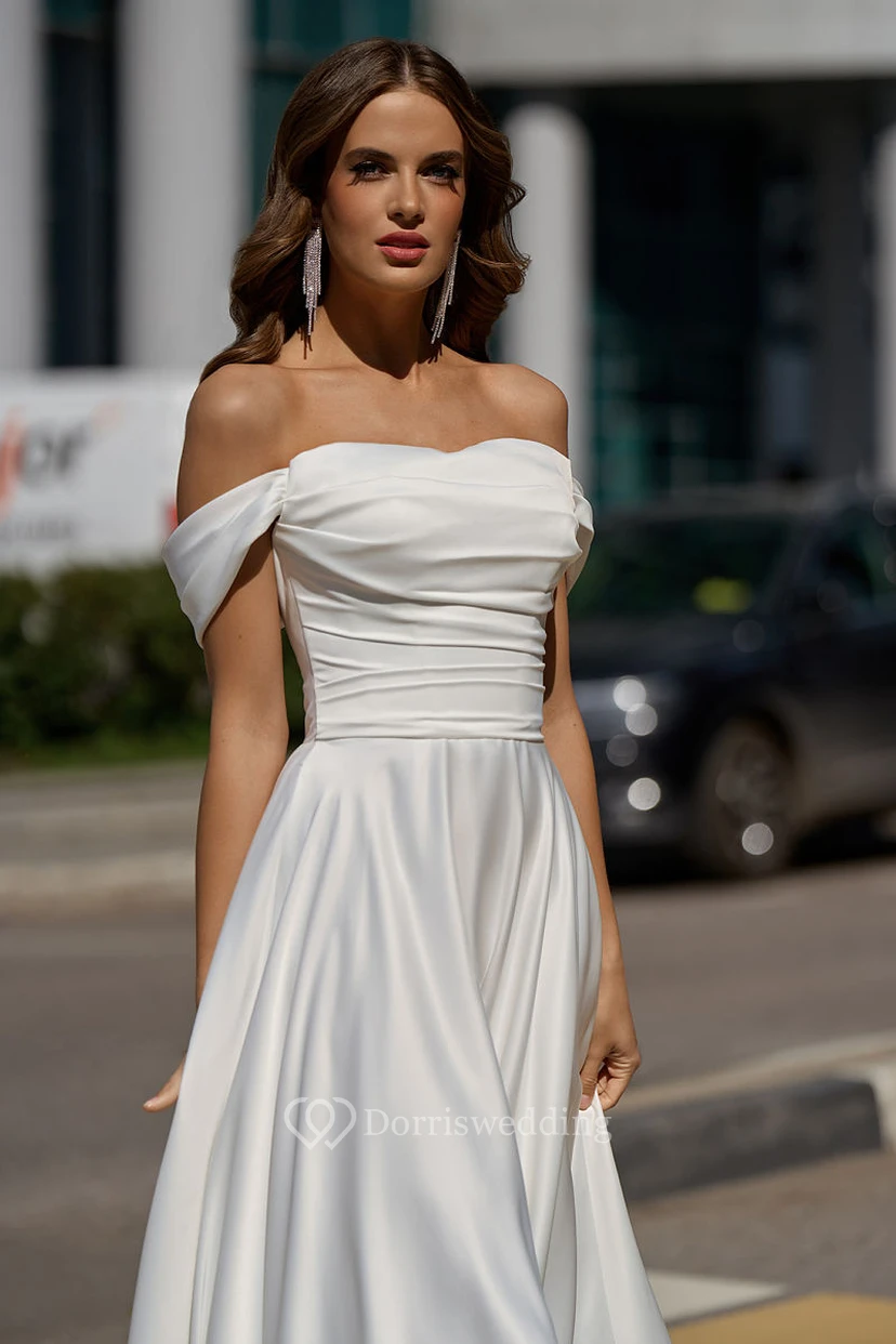 Simple Ruched Empire Satin Corset Floor-length Wedding Dress view 3