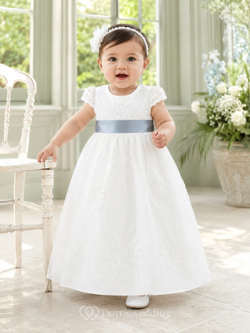 Baby Baptism Christening Ceremony Gown A-Line Floor-Length Jewel Neck Cap Sleeve Satin Tulle Ribbon Sash Bow Back Button Back