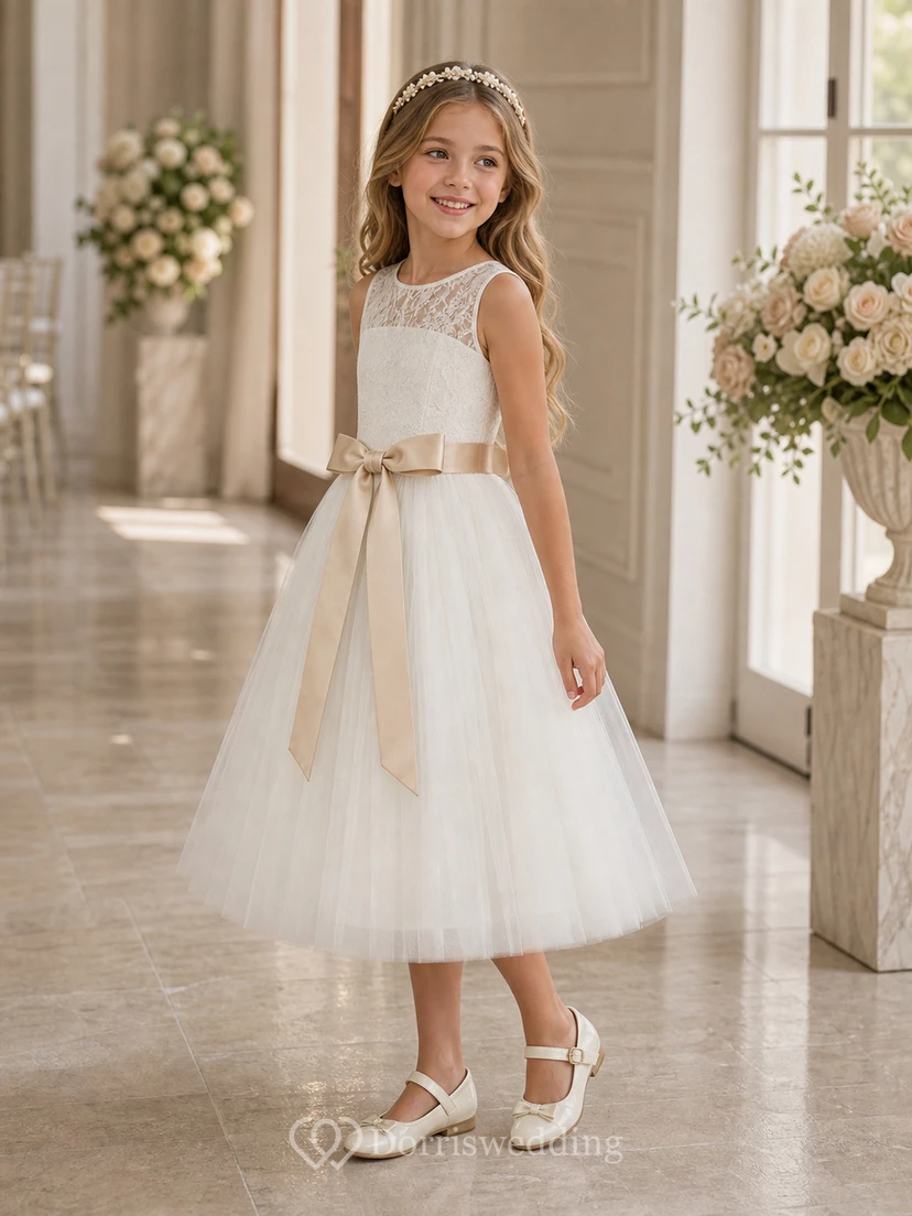 Scoop Sleeveless White First Communion A-line Tulle Bow Keyhole Back Flowergirl Dress view 3