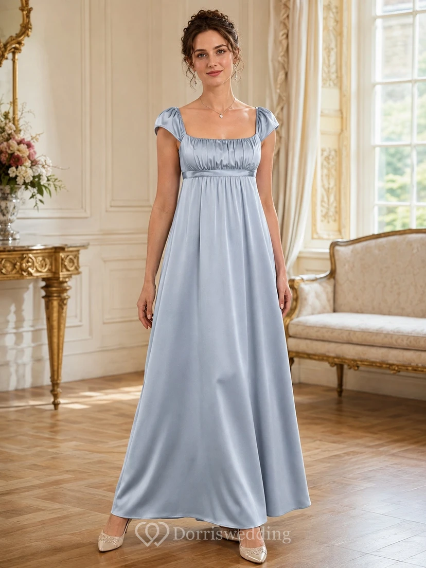 Sky Blue Regency Square Neck Puff Sleeve Satin Empire Floor-length Romantic Dress
