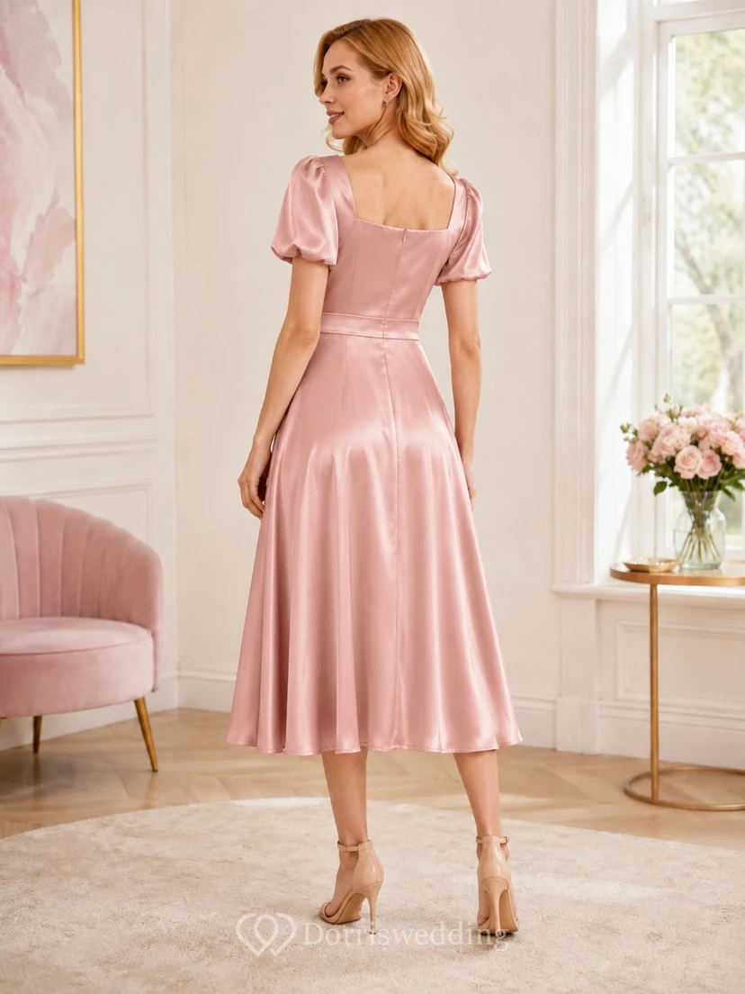 Altrosafarbenes, eckiges Satin-Gästekleid mit Puffärmeln und A-Linien-Schnitt, wadenlang view 2