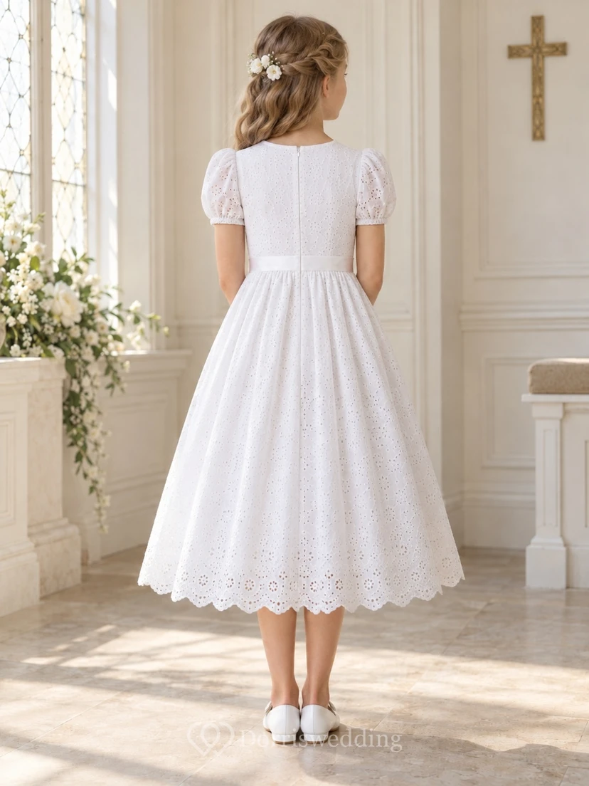Modest White Tea-length Jewel Neck Puff Sleeve Eyelet Sash Communion Dress view 2