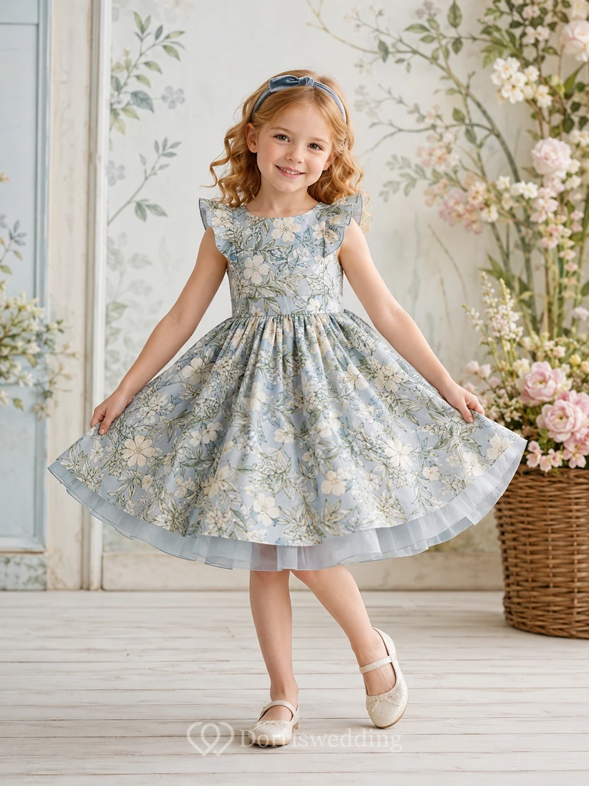 Blaues Blumenmädchenkleid mit botanischem Muster, kurzen Ärmeln, Tüllrock in A-Linie, natürlicher Taille und romantischem, wadenlangem Saum
