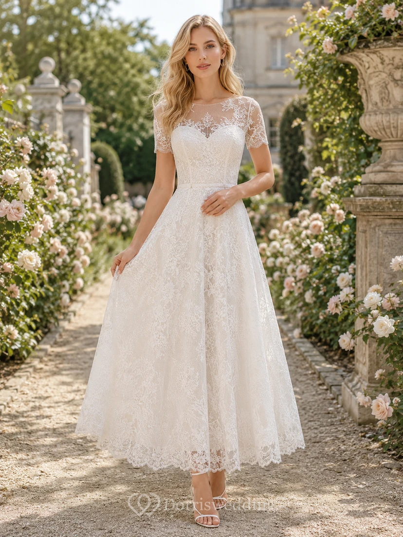 Lace cap sleeve A-line tea length bridal garden dress