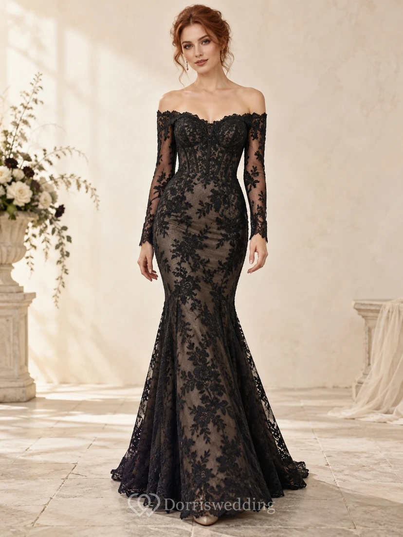 Vestido de dama de honor ajustado, negro, estilo sirena gótico, con hombros descubiertos, encaje y borde festoneado.
