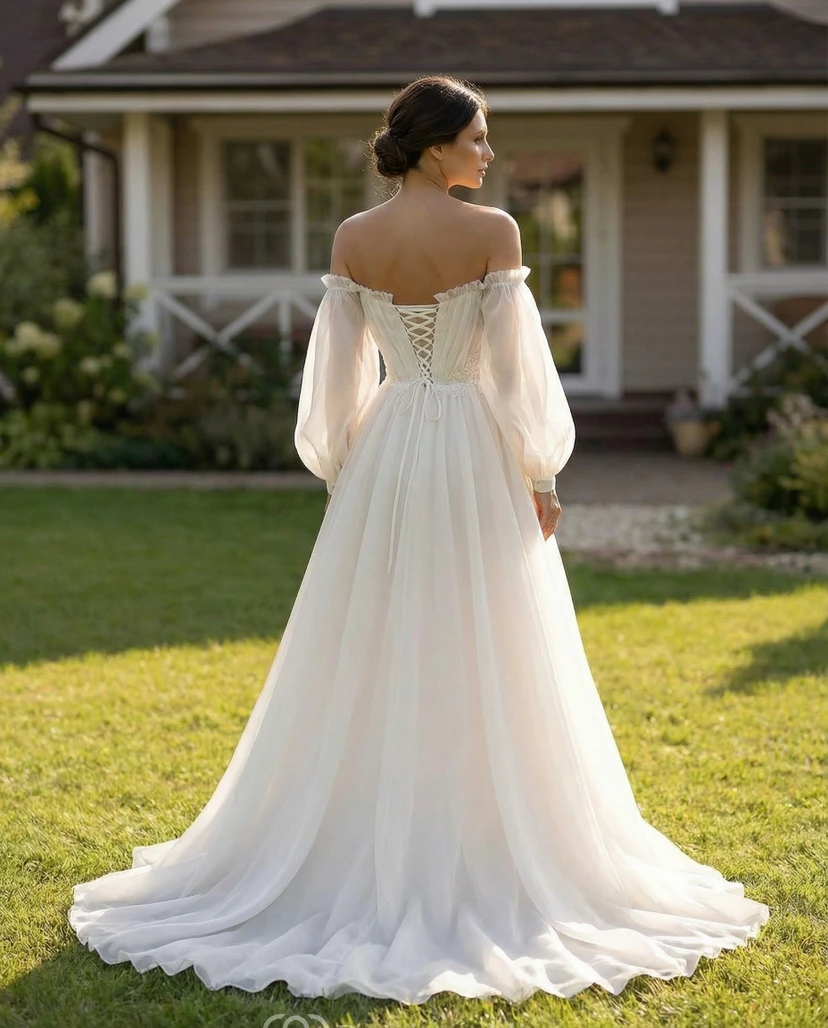 3/4-Schulterfreies Chiffon-Hochzeitskleid view 2