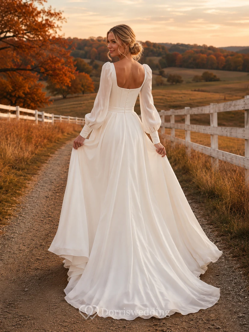 Vestido de novia rústico de corte A con escote cuadrado y mangas largas de satén y gasa, ideal para otoño. view 2