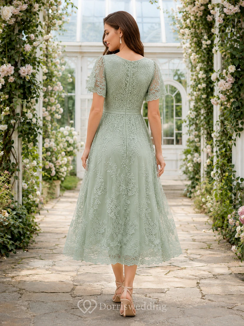 Mint Green V Neck Short Sleeve Lace Guest Dress view 2