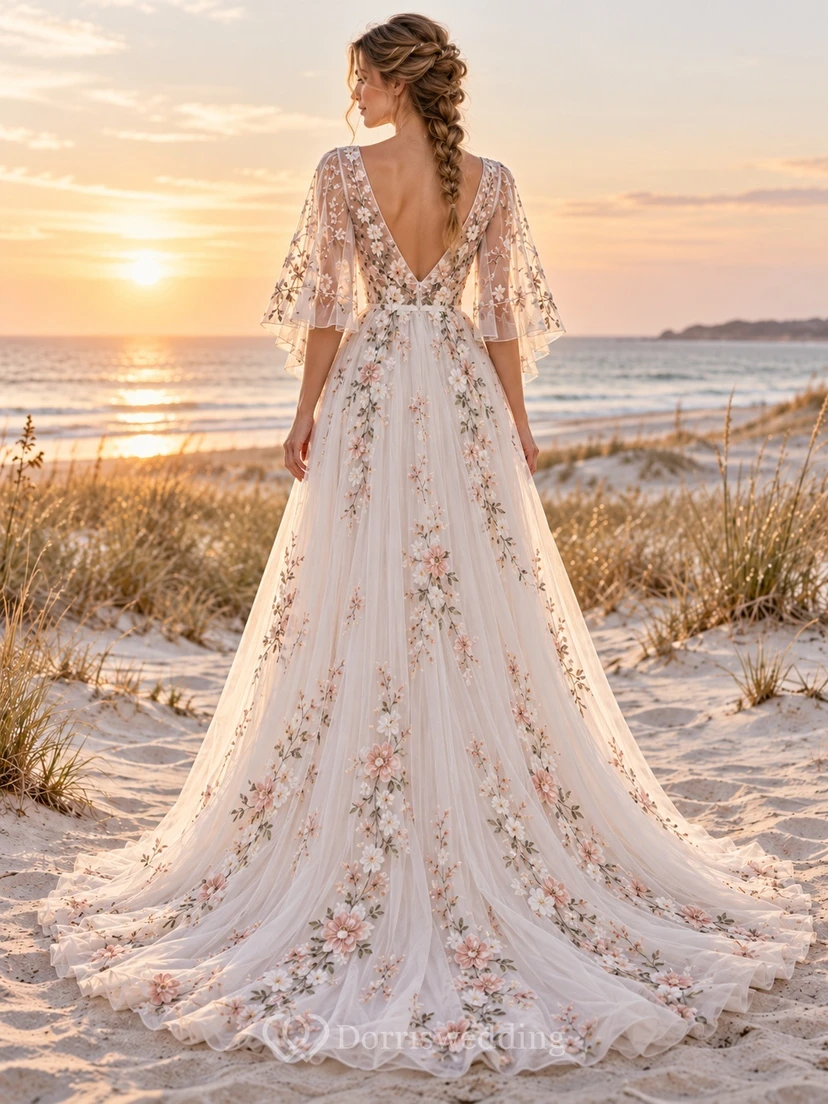 Boho V-neck Pink Floral Embroidered Flutter Cape Bridal Wedding Dress view 2