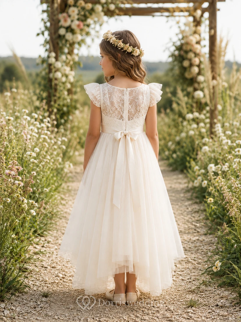 Romantic Floral Lace Tulle High-Low Flower Girl Petal Sleeve Garden Wedding Dress view 2