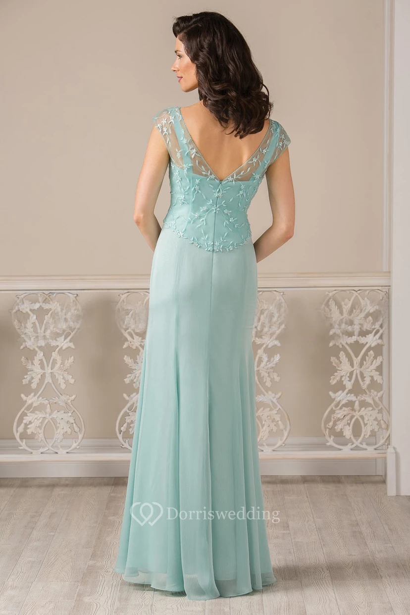 V-Neck Cap-Sleeved Long Mother Of The Bride Dress With Pleats And Appliques view 2