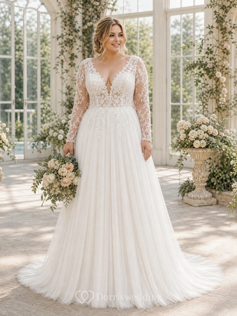 Vestido de novia campestre sexy de encaje con espalda en V y tul. view 6