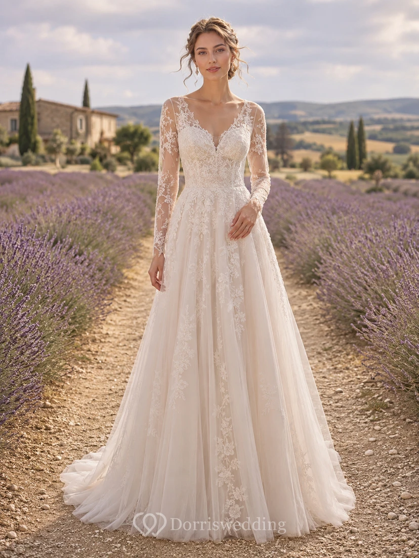 Lace Wedding Dress A-Line Sweetheart Long Sleeve Sweep Train Low V Back Bridal Gown