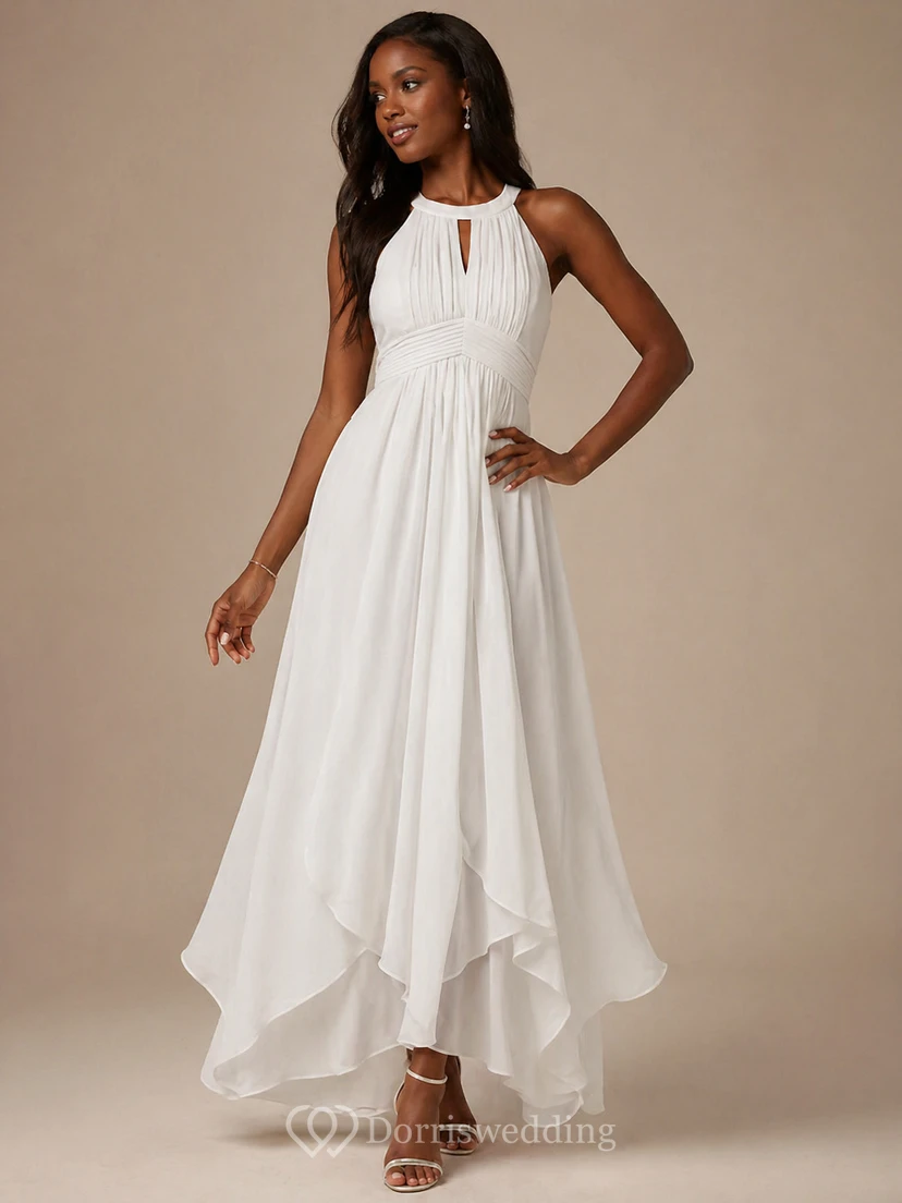 Elegant Burgundy Chiffon Halter Neck Evening Gown with Flowing High-Low Hem view 4