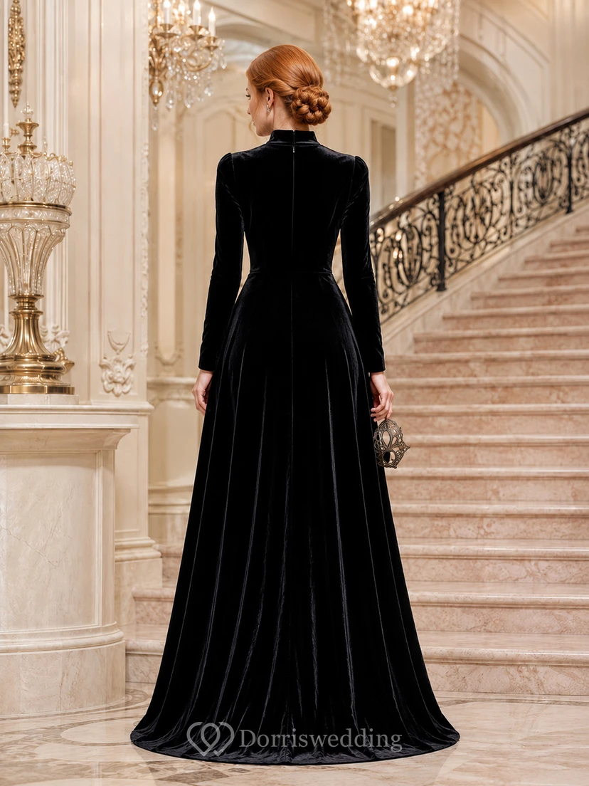 Black high neck long sleeve velvet A-line evening gown view 2