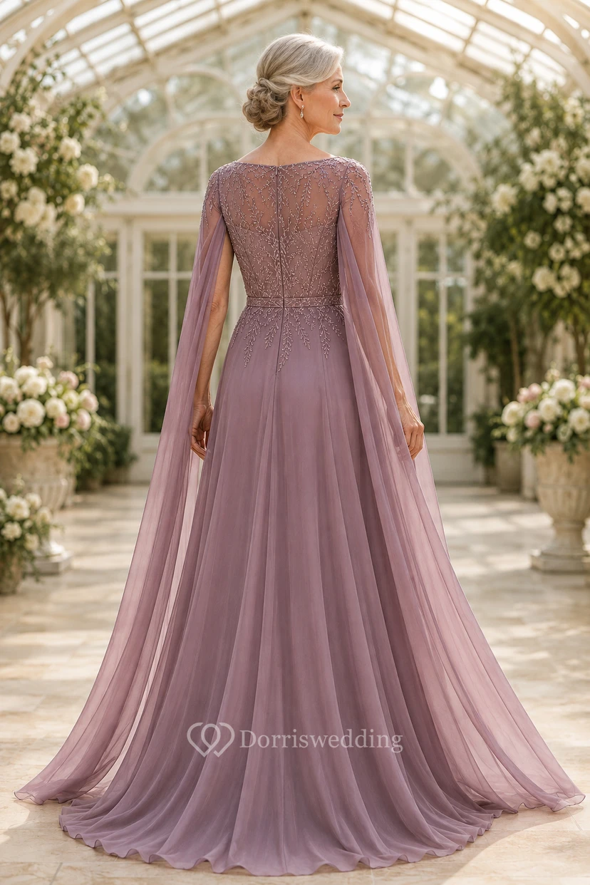 MOB-Kleid, mauvefarbener Chiffon-Spitzen-A-Linien-Schnitt, lange Ärmel, Rundhalsausschnitt, bodenlang, plissiert view 2