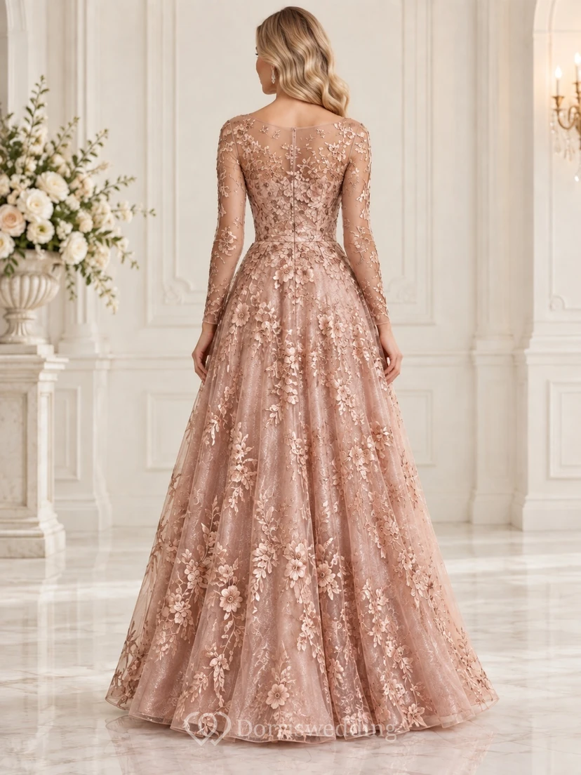 Vestido de noche formal largo hasta el suelo con escote redondo, mangas largas y corte en A, bordado, con apliques florales en oro rosa view 2