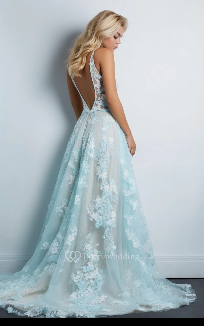 Plunged Sleeveless Sky Blue Lace Applique A-line Ball Gown Prom Dress view 2