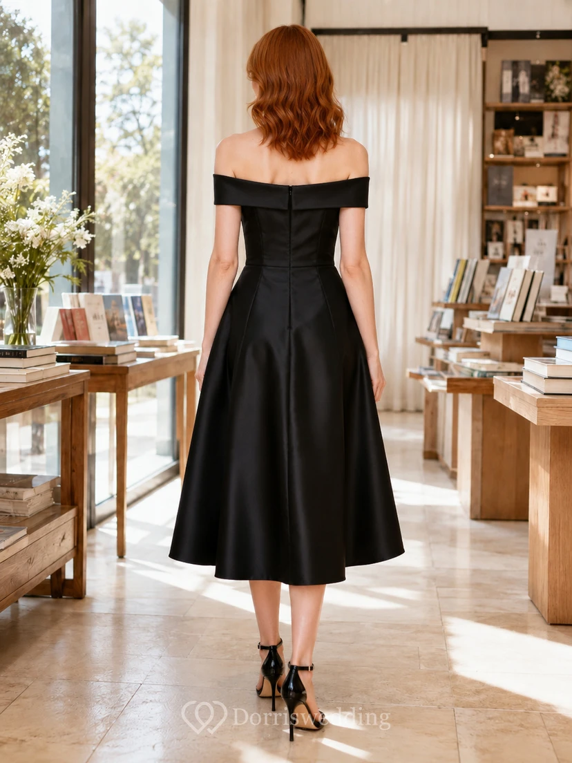 Black off shoulder satin A-line minimalist midi dress view 2