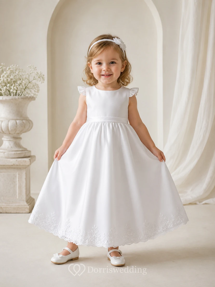 Schlichtes Taufkleid für Babys, A-Linie, Teelänge, Rundhalsausschnitt, ärmellos, Satin, Schleife am Rücken, Knopfleiste am Rücken