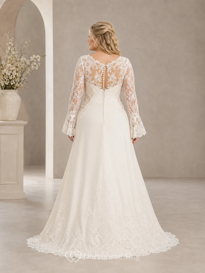 Schlichtes, langärmeliges Brautkleid in A-Linie mit Spitze in großen Größen, V-Ausschnitt und Spitzenbesatz. view 2