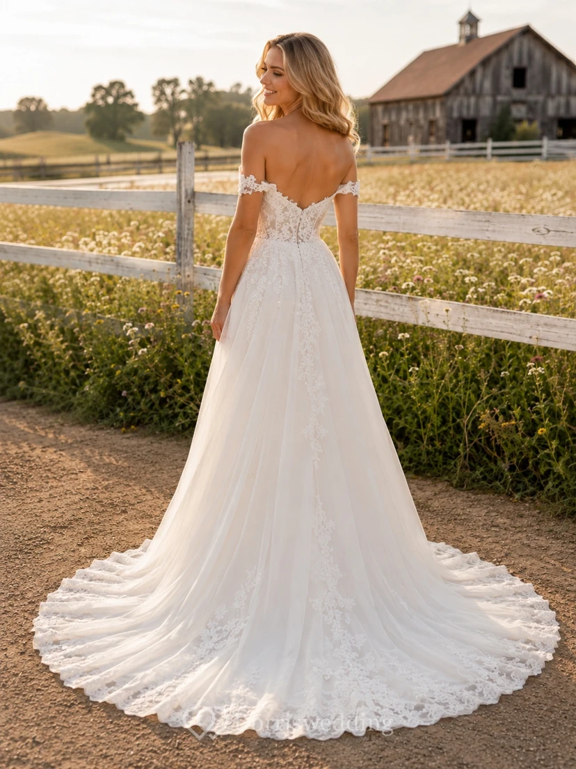 Boho Off-the-shoulder Short-Sleeve Lace Chiffon A-Line Floor-length Sweep Romantic Bridal Gown view 2
