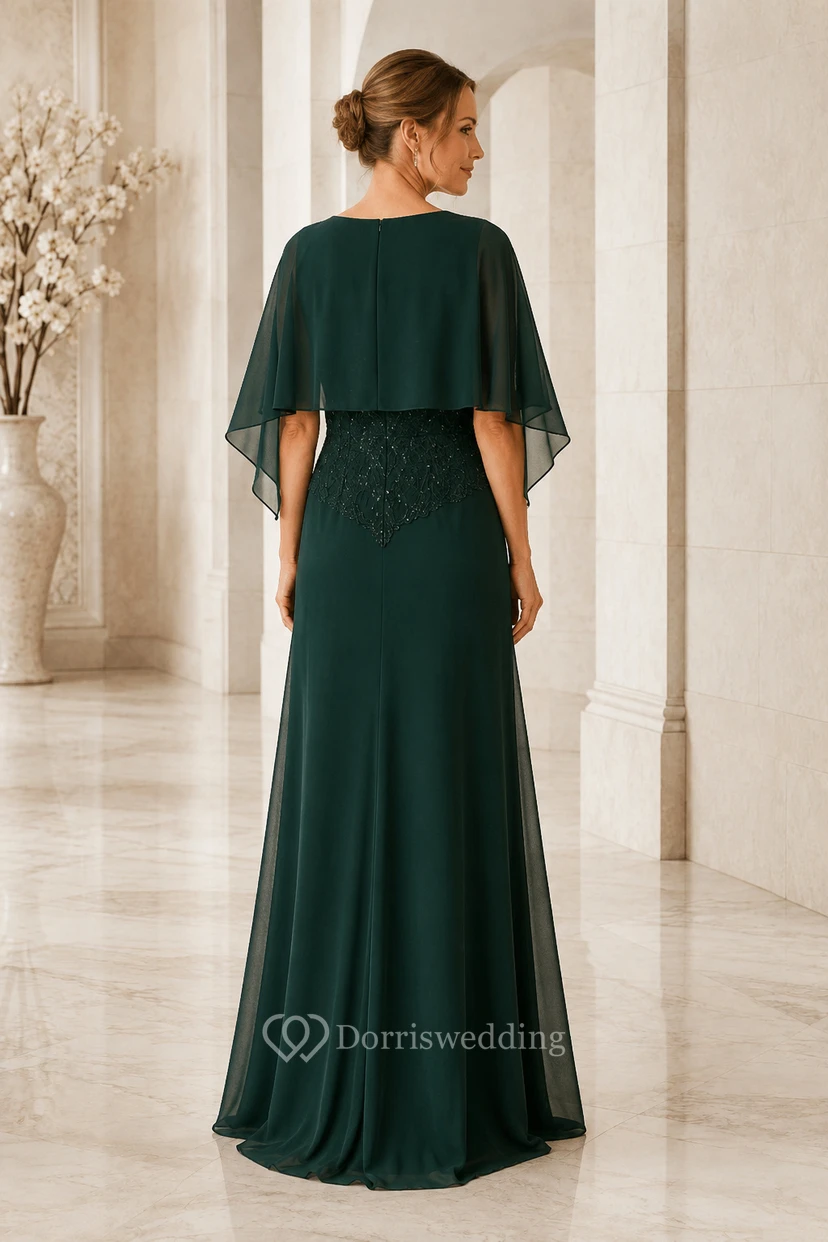 Robe de mère de la mariée en mousseline vert foncé à manches cape et corsage à sequins view 2