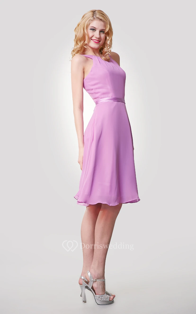 Chiffon Knee Length A-Line Dress With Straps and Satin Bow Sash view 4