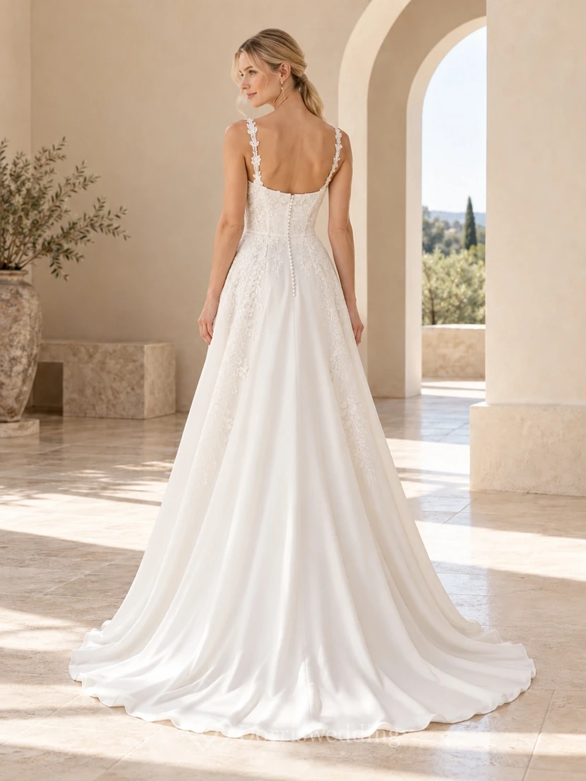 Simple Square Neck A-Line Floral Lace Straps Satin Wedding Dress view 2