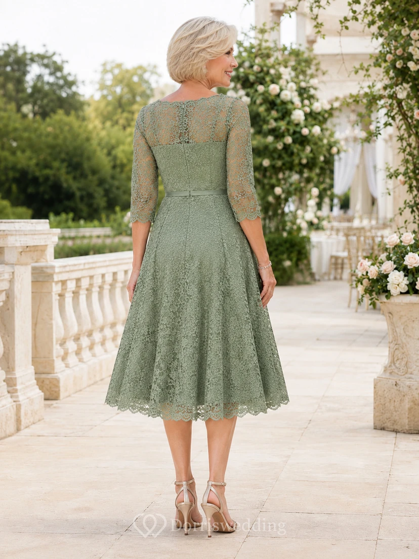 Salbeigrünes, zierliches Vintage-Kleid mit Muschelsaum, U-Boot-Ausschnitt, Dreiviertel-Ausschnitt, Illusionsspitze, A-Linie, Teelänge – das perfekte Kleid für die Großmutter der Braut view 2