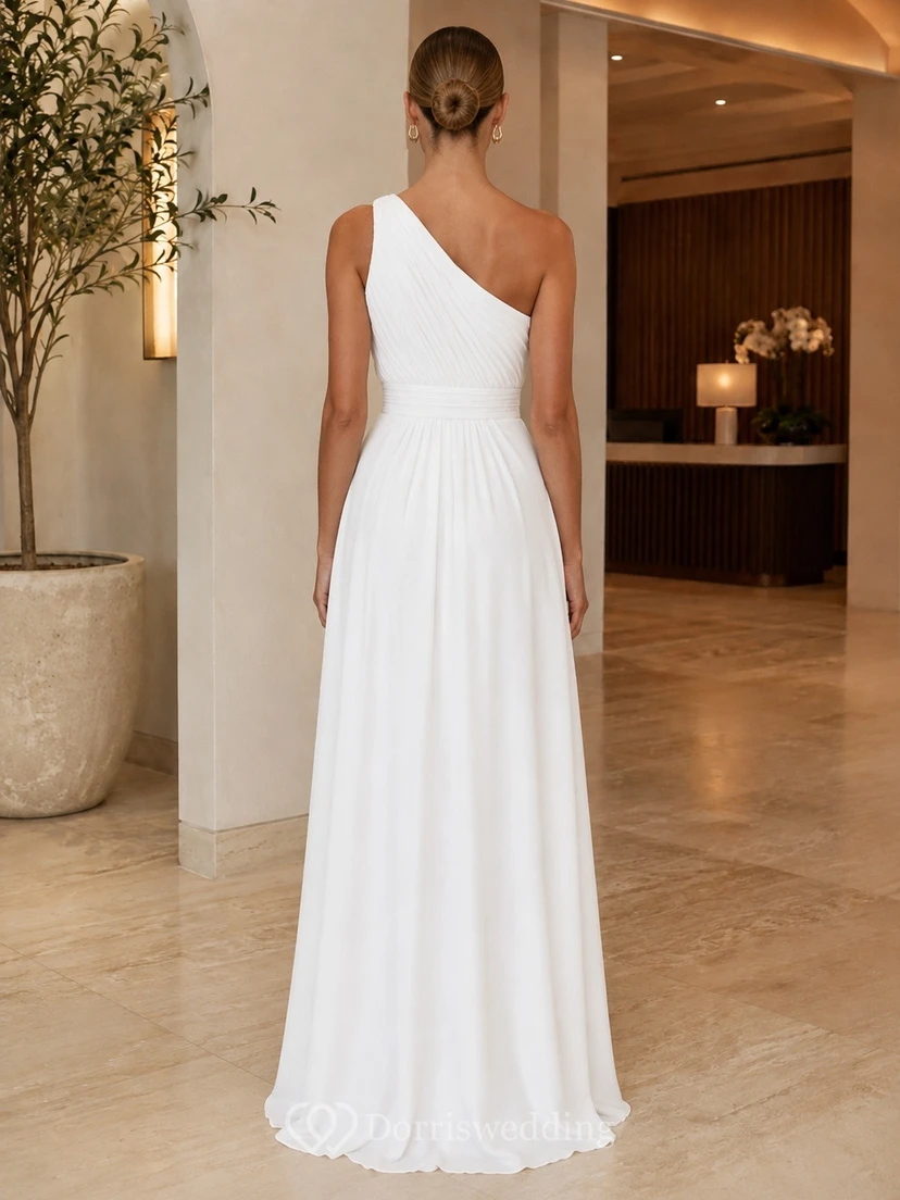 Elegant White One-Shoulder Sleeveless Chiffon A-Line Floor-length Dress view 2
