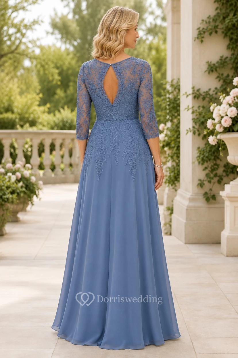 Staubblaues A-Linien-Kleid mit Spitzenoberteil und Schlüssellochausschnitt am Rücken view 2