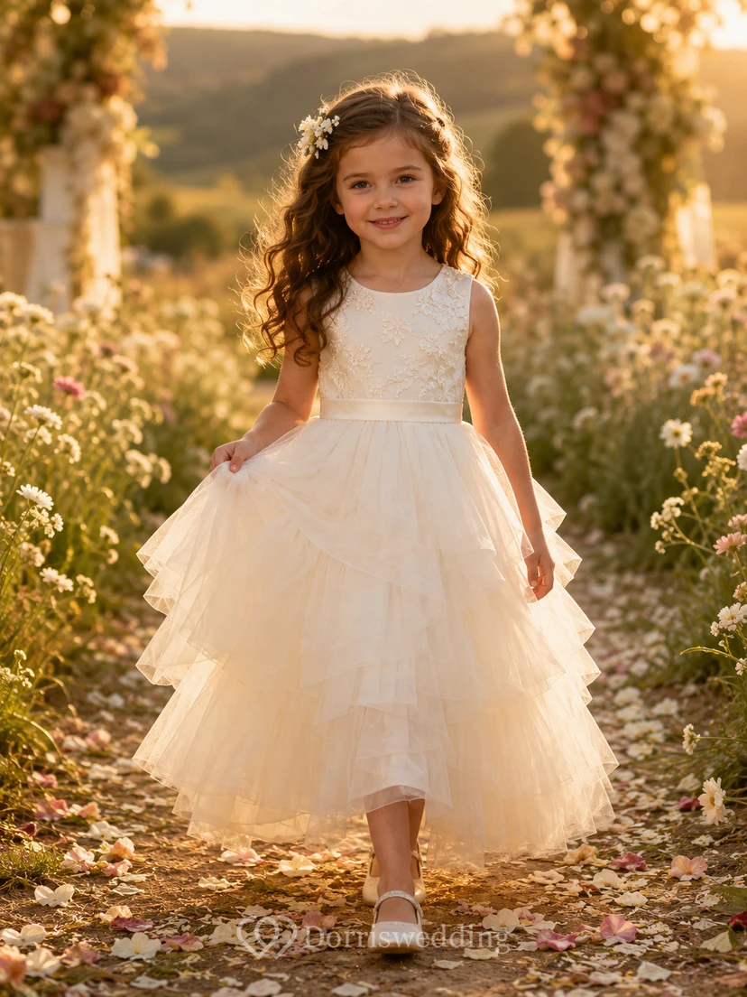 Flower Girl Dress Ivory Lace Tulle A-Line Scoop Neck Tea Length