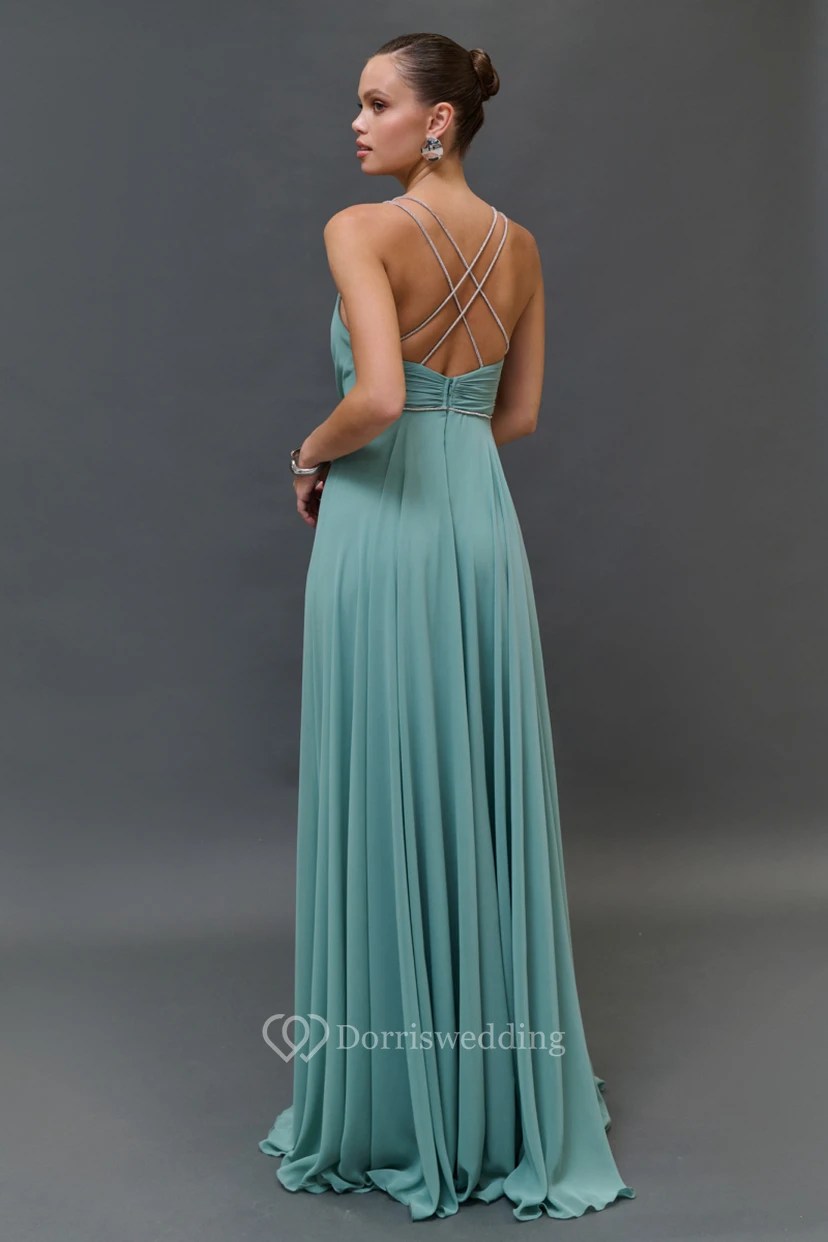 Spaghetti-Empire-Chiffonkleid in Bodenlänge mit Perlenstickerei view 2