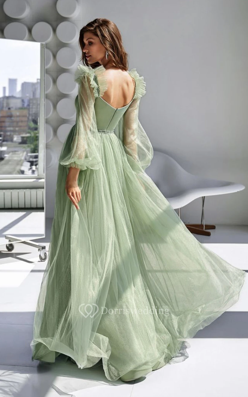 Robe bouffante décontractée à manches longues plissée et fente sur le devant ornée de perles view 2