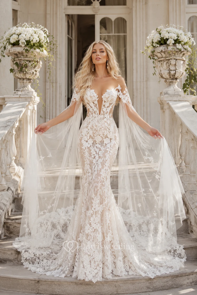 Robe de mariée sirène en dentelle à épaules dénudées avec cape en tulle amovible